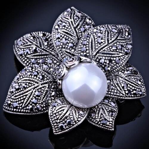 Zlxgirl Vintage Flower Brooch Pin For Women Party Gifts Shiny Pearl Brooches Women Vintage Wedding Hijab Scarf Pin Up Buckle