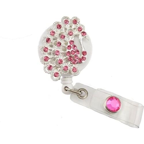 10pcs Pink Rhinestone Peacock Animal Shape Custom Crystal Retractable ID Badge Holder Pulling Reel Decorative Jewelry