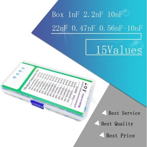 15Values*20PCS Capacitor Set High Voltage Ceramic Capacitors Assortment Assorted Kit Box 1nF 2.2nF 10nF 22nF 0.47nF 0.56nF-10nF