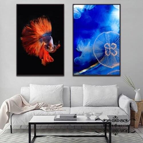 Abstract Red Blue Marine Organism Fishes Paintings Nordic Canvas Posters and Prints for Living Room Bedroom Corridor Decoration