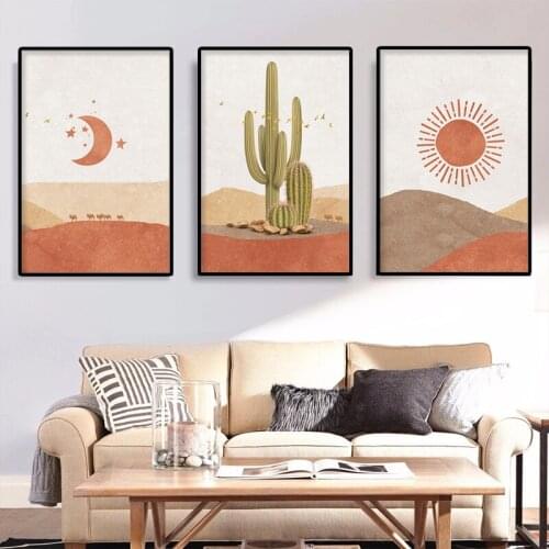 Abstract Desert Landscape Sun Moon Cactus Scene Bohemian Canvas Printmaking Wall Art Poster Nordic Home Decoration Painting
