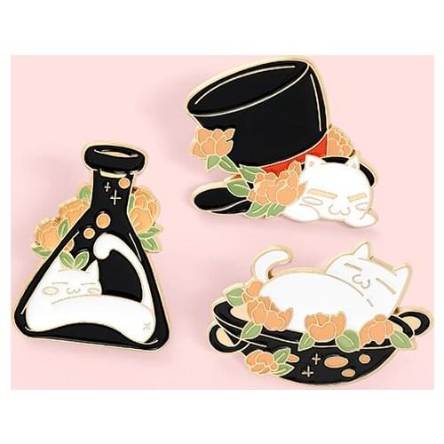 Cute White Cat Enamel Pins Black Magic Hat Flask Pot Brooches Lapel Badges Women Clothes Bag Animal Pins Jewelry Gift for Friend