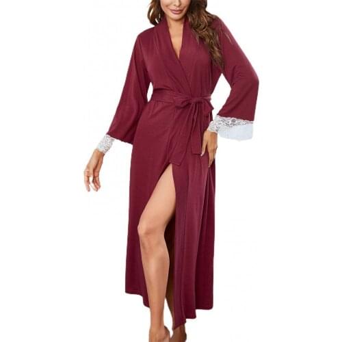 Women Nightgown Long Sleeve Lace Patchwork Belt Soft Sleepwear Bath Robe Maxi Night Gown