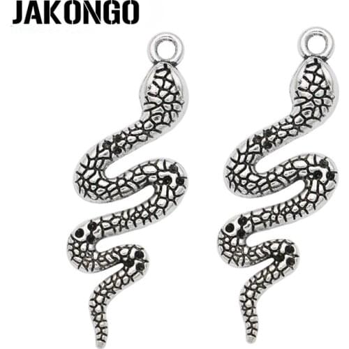 JAKONGO Snake Charm Antique Silver Plated Charms Pendants for Bracelet Jewelry Making DIY Necklace Craft 42x14mm 5pcs/lot