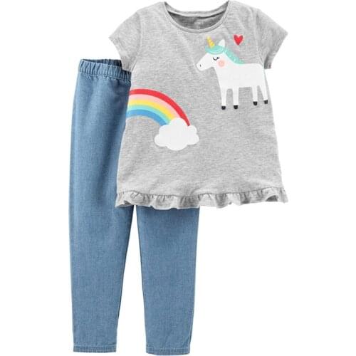 Quality 100% Cotton T-shirt Jeans Pants Beach Children Suits Baby Girl Clothes Sets Casual Outfits Infant Kids Girls Sports Sets