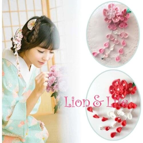 Japanese Flower Sakura Headwear Clip Haripin Hair kimono Yukata Tassels Cosplay
