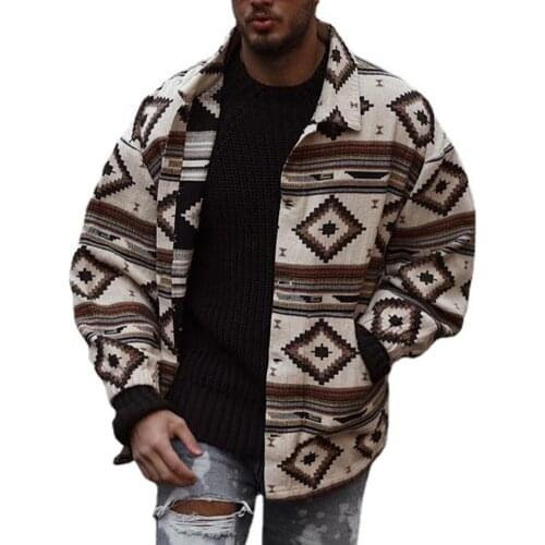 Autumn Men Jackets Geometry Print Men Coat Turn-down Collar Single Breasted Long Sleeve Casual Jacket Male Clothing Streetwear