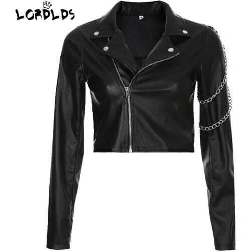 LORDLDS Women Black Faux Leather Jackets 2019 Short Cropped Jacket Punk streetwear with chain PU outwear for woman