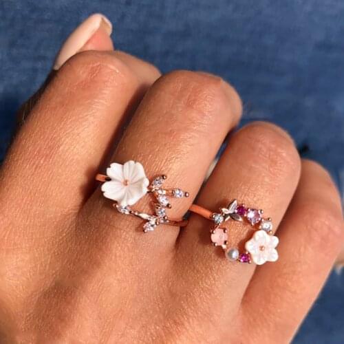Fashion Flowers Crystal Wedding Rings for Women Elegant Rose Gold Pearls Open Finger Rings Jewelry Party Gift Dropshipping