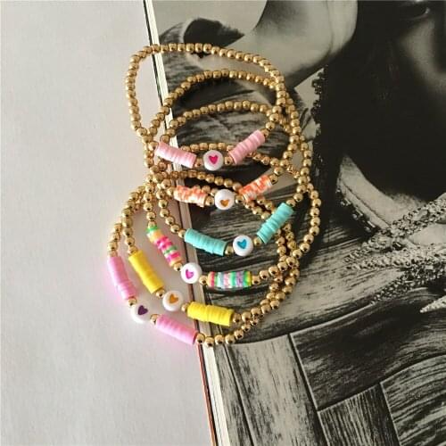 New Arrivals Gold Color Plating Gold Bead with Polymer Clay Strand Heart Charm Bracelet For Women Girl Super Cute Lovely Jewelry