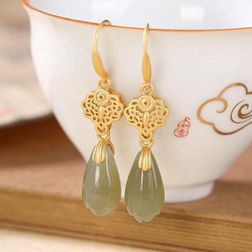Original natural Hetian jade fresh orchid earrings Chinese style retro unique ancient gold charm womens silver jewelry