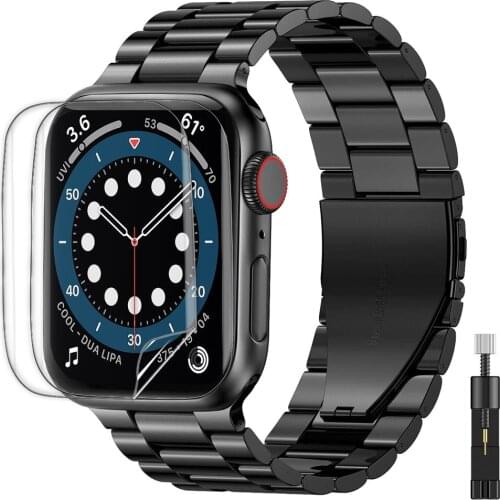 3pcs for apple watch 6 se 44mm 40mm band + screen protector for iwatch series 5 4 3 42mm 38mm TPU Film + stainless steel bands