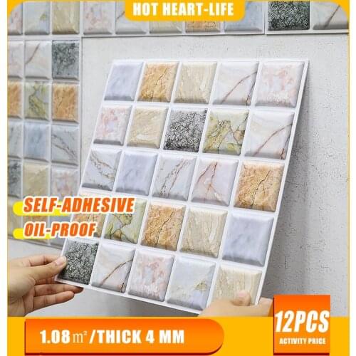 12pcs 3D Mosaic Tile Wall Sticker Self Adhesive Wall Stickers for Bathroom Kitchen Wall Refurbishment Wallpaper Home Wall Decor
