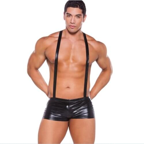 Patent Leather Sexy Trunks and Braces Set Wet Look Panties Braces Rompers Suspender Trousers Mens Night Club Wear Sexy Lingerie
