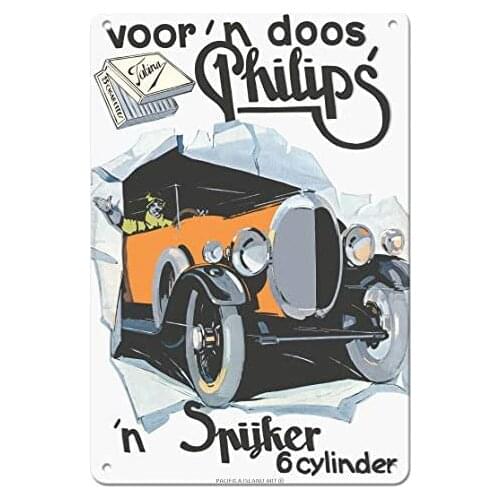 Voor 'n Doos Philips Cigarettes - Spyker 6 Cylinder Sports Car - Advertising Poster c.1920s - Metal Sign