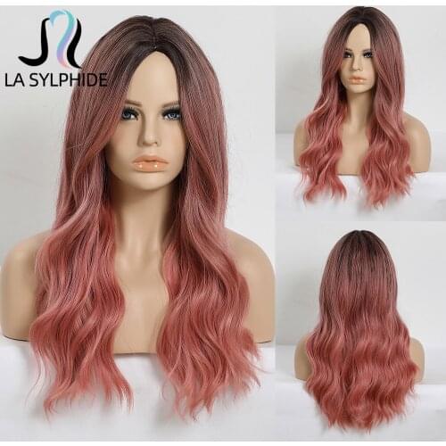La Sylphide Cosplay Party Wig Long Natural Wavy Root Dark Ombre Pink Wig Middle Part Synthetic Wig for Women Daily Use Wigs