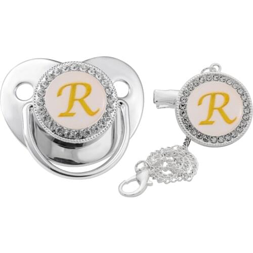 Luxury Silver Bling Baby Pacifier And Clip Alphabet Letter 6-12M Infant Pacifier Letter Unique 26 Name Initials Baby Shower Gift