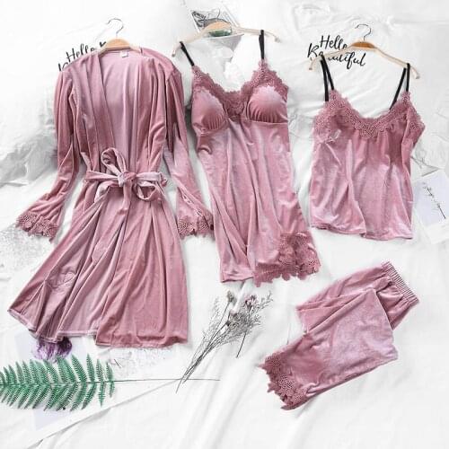 2020 Gold Velvet 4 Pieces Warm Winter Spring Pajamas Sets Nightgown Women Sexy Lace Robe Pajamas Sleepwear Sleeveless Nightwear