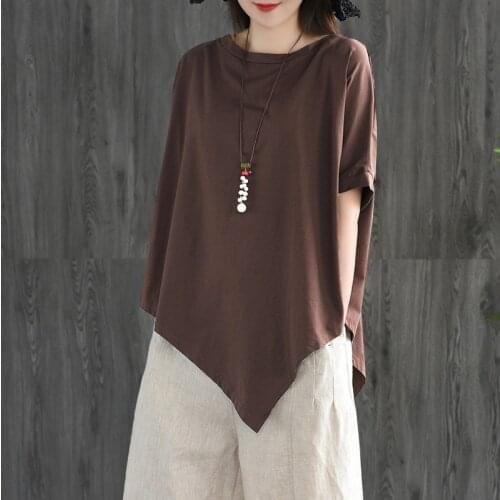 Ladies Chinese Tops Summer Asymmetric Vintage Tee Shirt Female Loose Casual Oriental Chinese Style Clothing Women TA1812