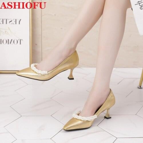 ASHIOFU Handmade New Womens 6.5cm Glass-Heels Pumps 2020 Peals Retro Mid-heel Dress Shoes Sexy Evening Fashion Court Gold Shoes