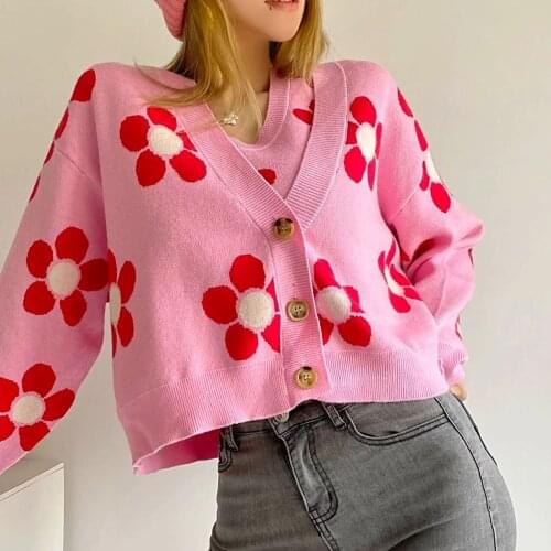 JUNWU Womens Pink Sweater Cardigan Single-breasted V-neck Flower Print Long Sleeve Crew Neck Tank Top Sweet British Style