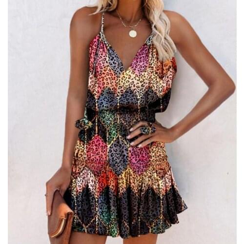 Sexy Leopard Printing Camisole V Neck Mini Dress Women Elegant Summer Sleeveless Floral Party Dress 2021 New Tassel Sundress 3XL