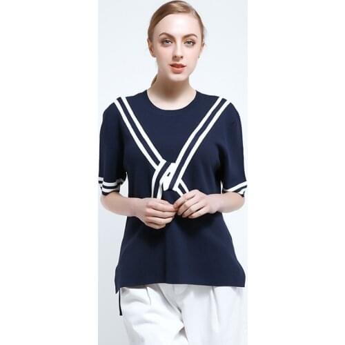 2021 spring and summer new womens wool knit sweater matte hyperbolic check round neck five-point sleeve loose pullover women