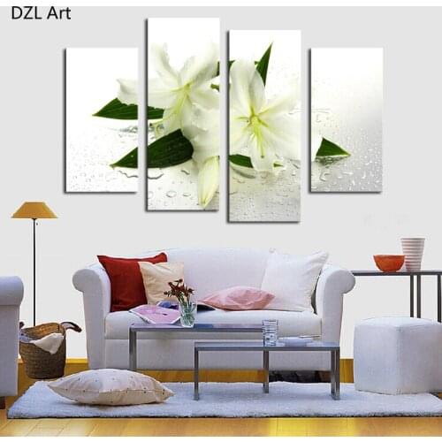 4 Panels (No Frame) White flowers Painting Canvas Wall Art Picture Home Decoration Living Room Canvas Print Modern Painting