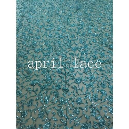 5yards AH117 lake green african dobby hand print glued glitter net mesh lace for sawing/lady dress/wedding