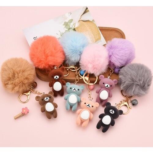 Cartoon Rex Rabbit Fur Ball Keychain Cute Flocking Bear Key Ring for Men Women Bag Pendant Accessories Car Key Chains Jewelry