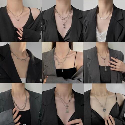 SOHOT Trendy Hip Hop Titanium Heart Digital Butterfly Tag Cherry Awl Pearl Pendant Necklace Female Clavicle Chain Drop Shipping
