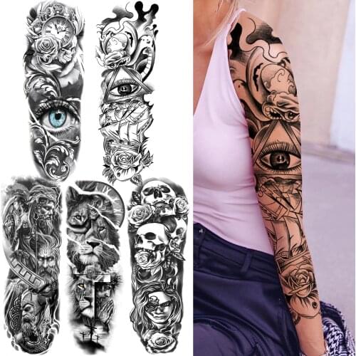 Demon Eye Temporary Tattoos Sleeve For Women Men Black Lion Skull Tattoo Sticker Warrior Cross Fake Self Adhesive Tatoos Paste