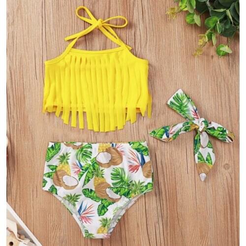 Kids Girls Three-piece Swimsuit with Tassel Decoration Bow Headband Tropical Fruit Print Seaside Swimming Wear