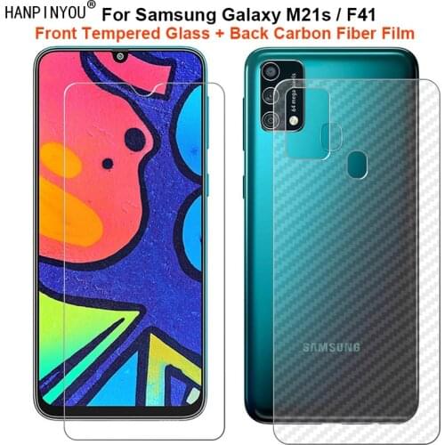 For Samsung Galaxy M21s / F41 6.4" 1 Set = Soft Back Carbon Fiber Film + Ultra Thin Tempered Glass Front Screen Protector