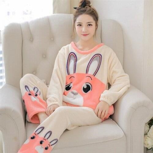 2 Piece Flannel Winter Pyjamas Rabbit Cartoon Pijama Women Lingerie Cute Warm Sleepwear Pants Set Pajama Set Pink