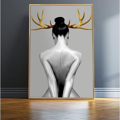 Modern Girl With Antlers Wall Art Canvas Prints Abstract Body Cosplay Art Paintings On The Wall Pictures For Living Room Decor