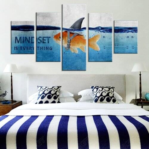 MINDSET IS EVERYTHING Goldfish Canvas Print Wall Art Shark Pictures Animal Poster Painting Modern Inspiring 5 Panel Artwork Deco
