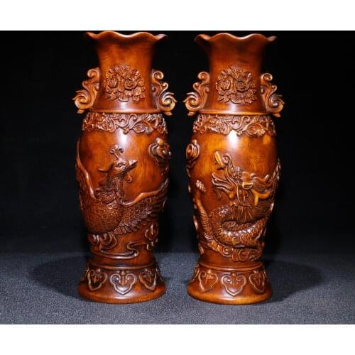 7"China Folk Collection Old Boxwood Phoenix statue vase A pair Office Ornaments Town House Exorcism