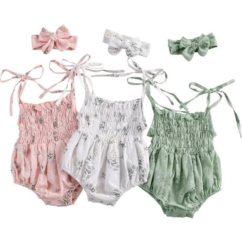 Summer Newborn Baby Girls Flower Print Sleeveless Rompers Tops Headband 2pcs Outfits Sets for 0-18Months 2021 New