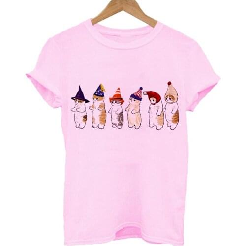 Summer Cute Cat print ladies T-shirt casual O-Neck white T shirt short sleeve Female T-shirt Kawaii graphic Clothing Streetwear
