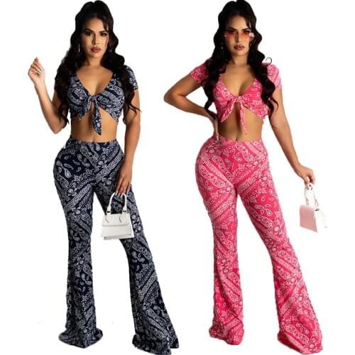 Fashion Casual Print Two-piece Suit V-neck Short Sleeve Lace Up Tops High Waist Fitness Pants 2PC Sets Party Club Clothing Women