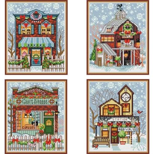 Christmas Cottage Cross Stitch Kits Stamped Patterns Counted Decoration Thread Craft 11CT 14CT Printed Embroidery Needlework Set
