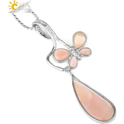 CSJA Natural Pink Shell Necklaces Pendant Water Drop Mother of Pearl Shells Butterfly Animal Charm Jewelry for Female Party E918