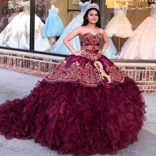 Burgundy Embroidery Ruffles Ball Gown Quinceanera Dresses Sleeveless Tiered Skirt Sweet 16 Prom Dress vestidos de 15 años