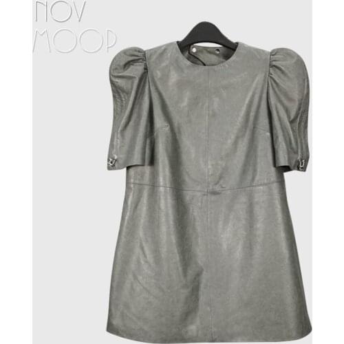 Novmoop genuine leather women dress sweet lady style puff sleeve little sexy detail hole at back side Vestido de cuero LT3474