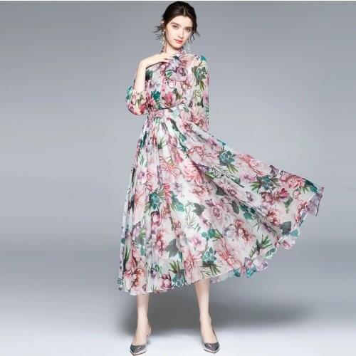 Long Sleeve Floral Dresses Summer Vacation Big Swing Chiffon Print Large Swing Dress Ankle-Length Lantern Sleeve Bow Boho Dress