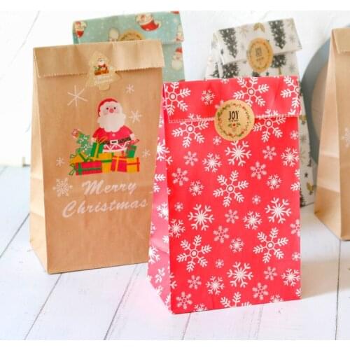 12sets Christmas Kraft Gift Bags Santa Claus Snowman Xmas Tree Paper Bag with Stickers Party Favor Wrapping Supplies Envelopes