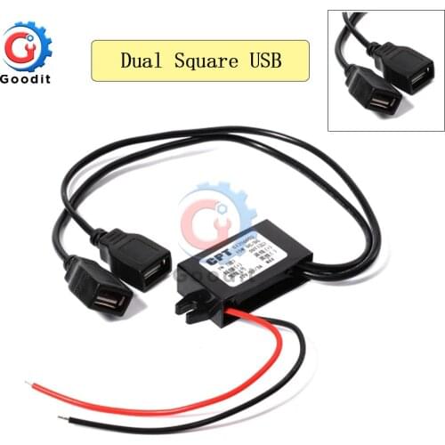 DC 12V to 5V 3A 15W Car Power Converter Dual Square USB Step Down Voltage Power Supply Output Adapter Low Heat Auto Protection