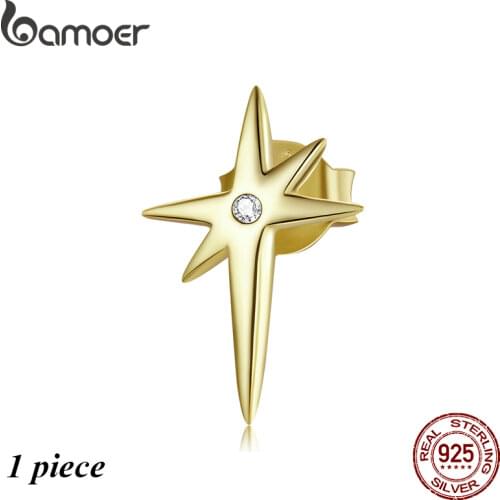 BAMOER 1PC Silver Star Earring 100% 925 Sterling Silver Gold Plated Stud Earrings for Girl Statement Fashion Jewelry SCE1091