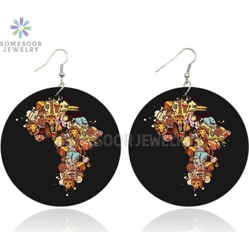 SOMESOOR African Ethnic Culture Wooden Drop Earrings Black Tribal Symbols Design Both Sides Printed Wood Dangle For Women Gifts